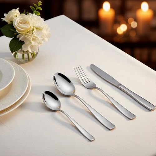 Image of 8 Pcs Silver Mirror Polish Stainless Steel Cutlery Set for Dining Table with Spoons and Forks Set + Butterknives - The Perfect Tableware /Flatware