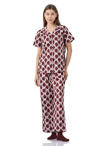 Image of Amazon Brand - Myx Women Cotton Shirt and Relaxed Pajama Set | Night Suit Set (Available in Plus Sizes)