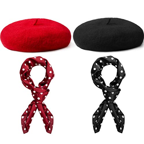 2 Sets Wool Berets Hat French Style Beanie Hat Solid Color Artist Beret Cap with Polka Dot Satin Neck Scarf Square Handkerchief for Girls Black, Red