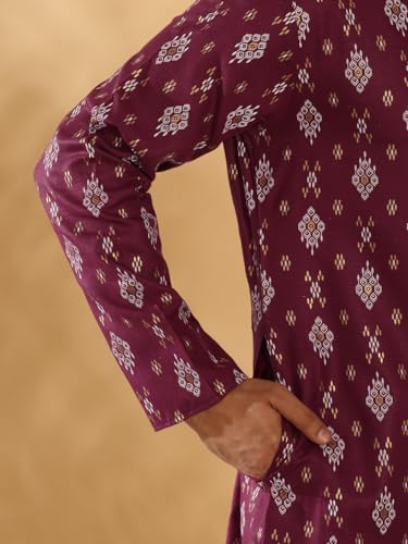 Image of KRAFT INDIA Men's Cotton Blend Geometric Printed Straight Long Regular Kurta and Elastic Waistband Pyjama Set