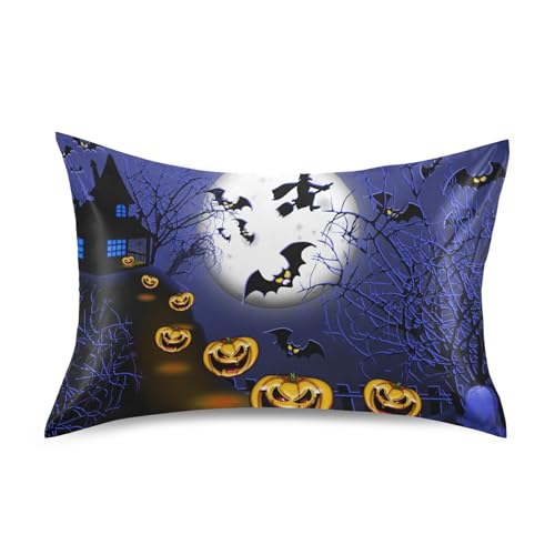 Nander Halloween Satin Pillowcase for Hair and Skin,Halloween Full Moon Night Pumpkin Soft Silk Pillow Cases No Zipper, Pillow Cover with Envelope Closure,Queen Size 20x30 inch