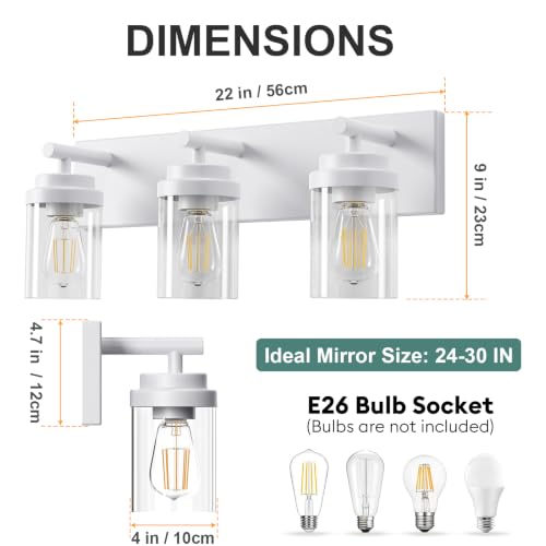 Image of IZORRO Bathroom Vanity Light Fixture, 3-Light 22 Inch White Bathroom Light Fixtures Over Mirror, with Clear Glass Shade, Modern Farmhouse Vanity Lights, Rustic Restroom Lighting Fixtures