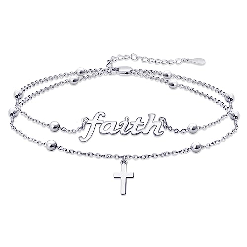faith Bracelet,S925 Sterling Silver Faith Cross Double Layer Bracelets Christian Jewelry for Women