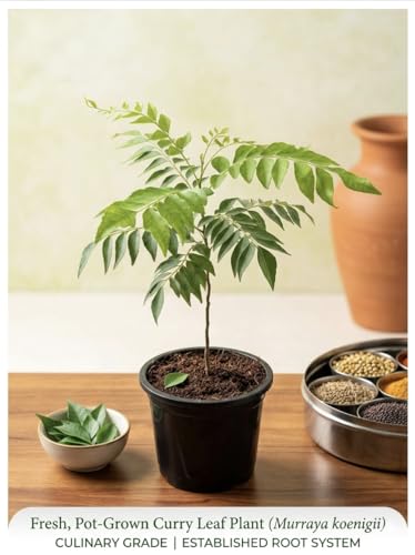 Image of EverEverGreen Live Curry Leaf Plant, Fresh Curry Patta for Home Garden herbal plant with black pot (pack of 1)