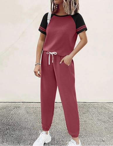 Image of Ekouaer Lounge Sets for Women Two Piece Pajama Set Short Sleeve Crewneck Jogger Outfits and Sweatpants Tracksuit