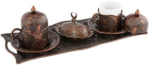 High Quality Dervish Turkish Ottoman Arabic Coffee Espresso Set Porcelain Cups with Copper Plated Tray & Cup Holder & Turkish Delight Pot & Saucer