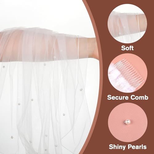 Gtziqa Short Pearl Veils for Brides, Short Bridal Veils with Pearls White Wedding Veil with Comb Women's Small Bachelorette Party Veil for Bachelorette Party Women and Brides, 43cm/16.9inch Long