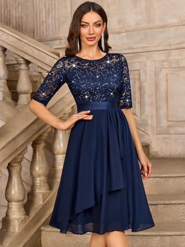 Miusol Women's Classy Scoop Neck Pleated Glitter Sequin Lace Half Sleeve Formal Party A-Line Dress4