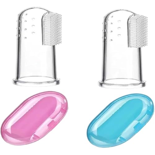 magic pebbles baby finger toothbrush, food-grade silicone, bpa free, non-toxic, with storage case, pack of 2 (pink and blue)