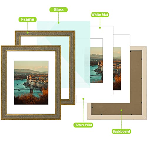 Image of Golden State Art, 11X14 Ornate Finish Photo Frame with White Mat for 8x10 Picture & Real Glass. Color: Distressed Gold