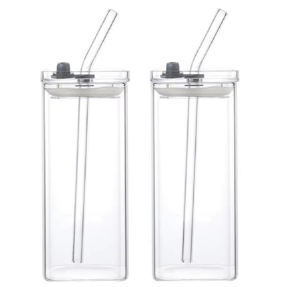 Aundhegrtt Glass Cups Square Bar Mug Glassware Cocktail Glasses with Straws Juice Beer Wine Mug Drinkware for Parties
