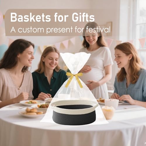 Image of JMvicyroam Small Woven Basket, Empty Gift Basket, White&Black /3 Pack | Small Gift Basket, Cotton Rope, 12 x 8 x 62 in, Handles, Includes Ribbon and Bag, Birthday Gift Basket