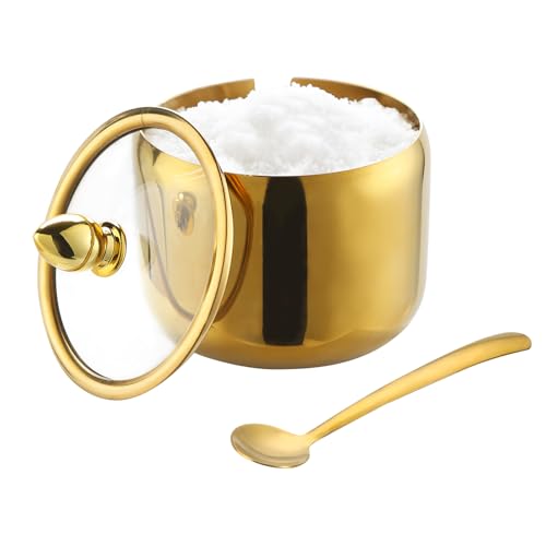 IBWell 10oz Sugar Bowl with Lid and Spoon Gold Sugar Container with Spoon for Coffee Bar Kitchen Accessories