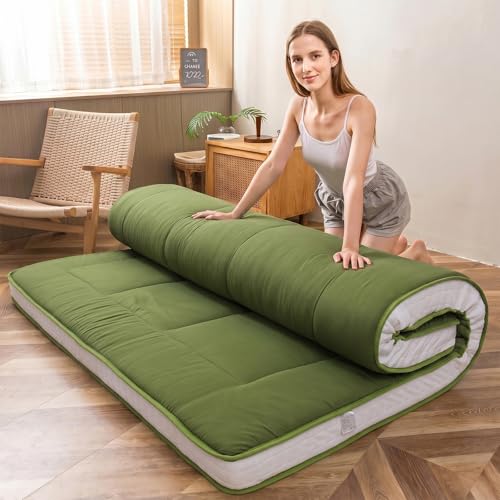 Image of MAXYOYO Futon Mattress, Padded Japanese Floor Mattress Quilted Mattress Topper, Extra Thick Folding Sleeping Pad Breathable Floor Lounger Guest Couch for Camping, Green, Queen
