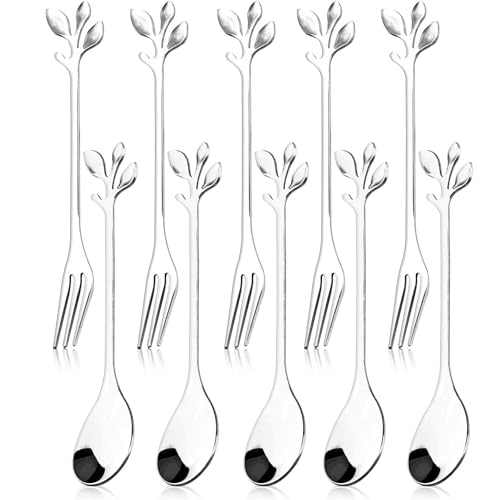 Pastry Forks - 10PCS Cake Forks and Spoons Set, Dessert Fork, Stainless Steel Sporks, Teaspoons Serving Spoons Kitchen Accessory Wedding Party for Party Small Utensils Cocktail Salad Dessert