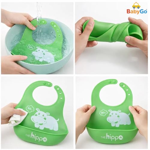 Image of BabyGo Silicone Baby Bib for Feeding & Weaning Infants & Toddlers |Waterproof, Washable & Reusable | Adjustable Neckline, Lightweight & Foldable Bib with Deep Food Catcher Pocket |Green (Pack of 1)