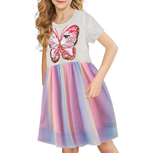 Dress for Toddler Girls Girls Butterfly Print Dresses Pink Butterfly Sequins Gradient Dress Cute Summer Sundress (Pink, 6 Years)4