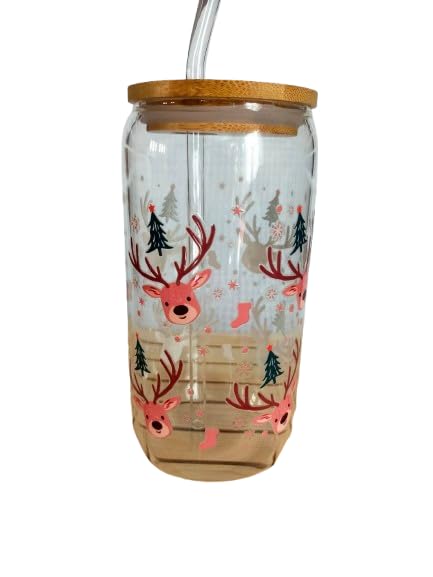 Verre canette pour smoothie et bubble tea de noël 500ml avec couvercle en bambou naturel