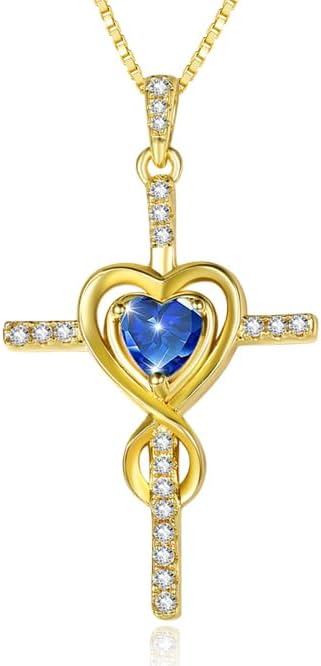 Cross Necklace for Women 14K Gold Plated Dainty Heart Birthstone Pendant Infinity Necklaces Religious Jewelry Christian Baptism Faith Anniversary Birthday Gifts for Wife Mom