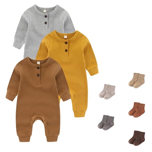 Image of JELYLOVE Unisex Long Sleeve Baby Romper And Sock Solid infant Boy Girl Jumpsuits 0-24Months New Born Outfits