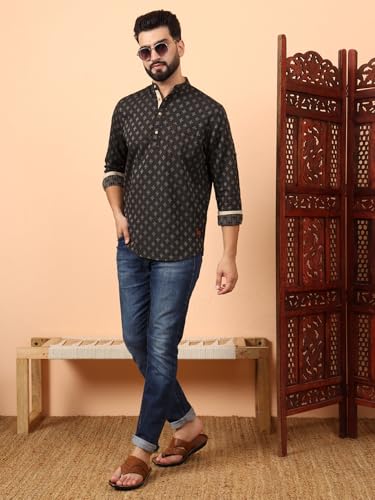 Image of LATEST CHIKAN Men's Cotton Regular Self Design Short Kurta Full Sleeves - Casual Ethnic Wear
