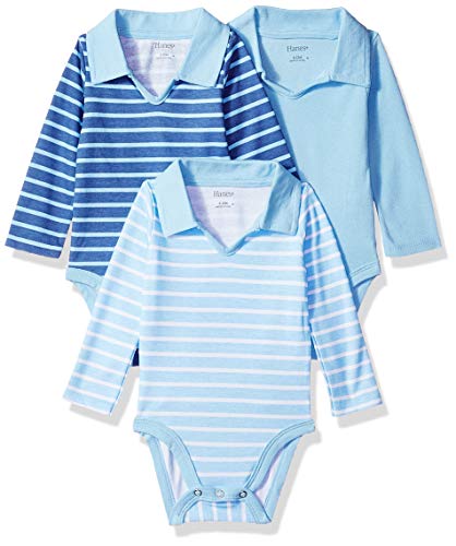 Hanes Ultimate Baby Flexy 3 Pack Long Sleeve Polo Bodysuits, Blue Stripe, 12-18 Months