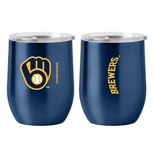 Logo Brands MLB 16oz Gameday Curved Beverage Stainless Steel Travel Tumbler (Milwaukee Brewers)