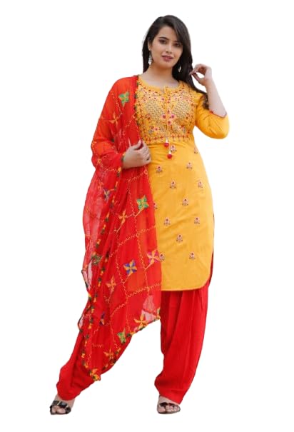 Salwar Suit Set Women's Rayon Readymade Embroidery Work Kurta Patiala Dupatta Sets (Small, Yellow Red)-image-43