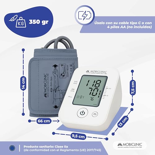 Mobiclinic®, Tensiómetro de Brazo, Pantalla LCD Grande, 90 Memorias, Media 3 Mediciones, Detección Arritmias, Aviso por Movimiento, Preciso, Tensimax - imagen 2