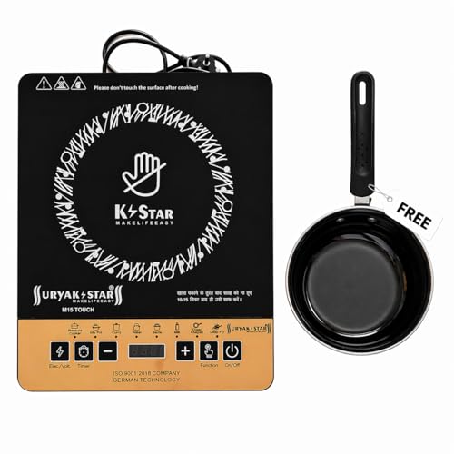 Image of Surya K Star 2000W Induction Cooktop with Sauce Pan Electric Induction Stove for Kitchen | Portable Single Burner Cooktop with Preset Menu, Timer & Temperature Control | Tawa Included