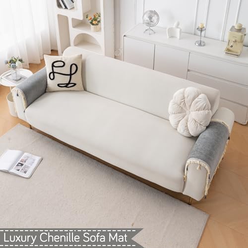 Image of HOKIPO 'Serenity Tassel' Chenille Sofa Arm Cover with Tassels - 1 Pair | Glacier Silver (IN-893-LGRY*2)