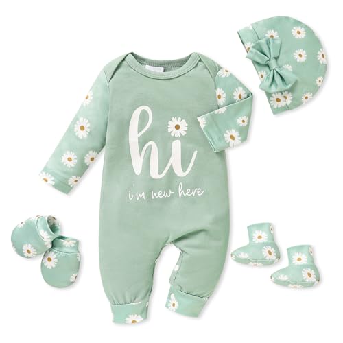 Image of Sinhoon Newborn Baby Girl Romper Infant Letter Print Bodysuit Jumpsuit+Hat+Gloves+Socks 4Pcs Coming Home Clothes Outfit