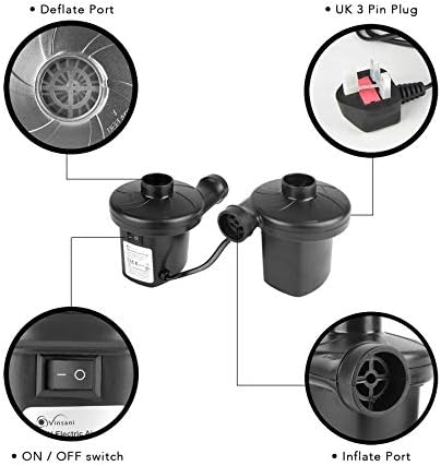 Vinsani Electric Pump, 150W High Power Electric Air Pump for Air Bed Mattress Inflatables Paddling Pool Beach Toys, AC 240V Quick-Fill Inflator Deflator with 3 Sizes Nozzle - Black