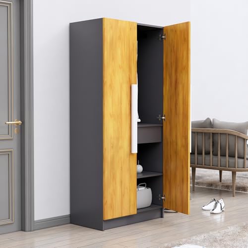Image of Bniture Wooden Almirah for Clothes, Wardrobe for Bedroom, 2 Door Wardrobe with 4 Shelves Huge Storage Space (46D x 80W x 182H CM) | 3 Year Warranty (Slate Grey & Giant Wood)