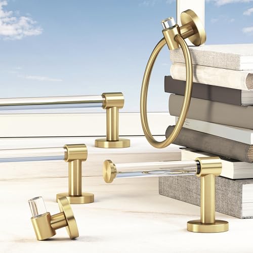 Image of Gatco 5731 Clarion Towel Bar | 18 inch L Bathroom Towel Rack, Wall Mount Bathroom Towel Holder | Crystal-Clear Acrylic & Brushed Brass Finish