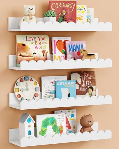 Harwaya Juego de 4 estantes flotantes festoneados para la pared del cuarto del bebé, estantes blancos para libros de niños, montaje en pared, estantería colgante de nube para bebé, habitación de niños