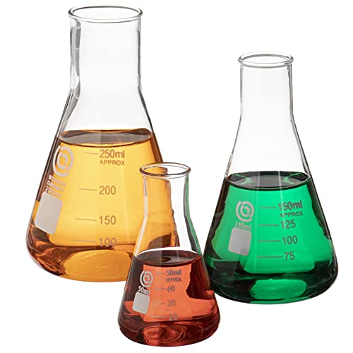 Glass Erlenmeyer Flask Set - Graduated Borosilicate Glassware - Volumetric Narrow Neck Scientific Chemistry Labware & Equipment - Home & School Science Experiments (50-250mL, 3-Pack)