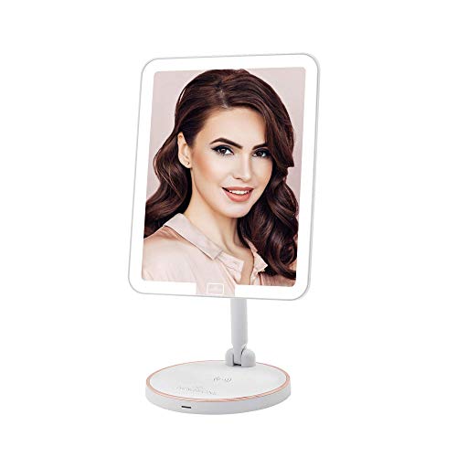 Impressions Royale Petit Makeup Mirror with Adjustable LED Light, Table Mirror with 360 Degree Turning Standing Base and Wireless Charging Pad (White)