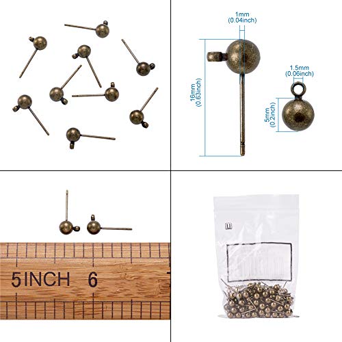 Craftdady 100Pcs Antique Bronze Round Ball Post Stud Earrings 16X5Mm Brass Ear Pins With 1Mm Loop For Jewelry Making #TOP4
