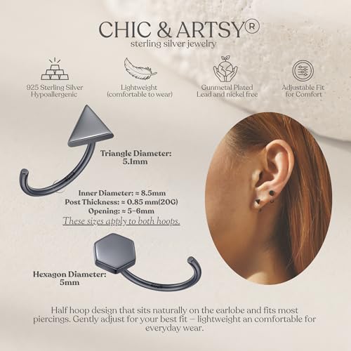 Image of CHIC & ARTSY 925 Sterling Silver Half Hoop Earrings for Women, Small Huggie Hoops Set with Ball Bar Star Moon Cross & Pearl, Lightweight Comfort Fit Everyday & Sleep Earrings