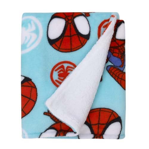Image of Marvel Spidey Light Blue, Red and White Super Soft Sherpa Toddler Blanket