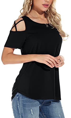 NILOUFO Womens Summer T Shirts Short Sleeve Tunic Strappy Cold Shoulder Tops3