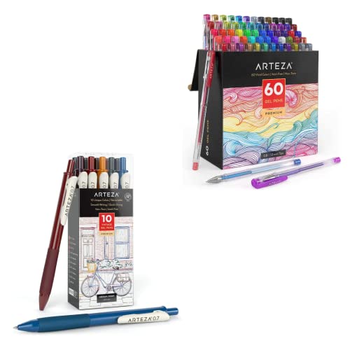 Arteza Gel Pens, Set Of 60 Individual Colors, 0.8-1.0 Mm Tips Colored Gel Pens, Pack Of 10, Unique Vintage Colors, Fine 0.7 Mm Tip, Art Supplies For Journaling, Doodling, Drawing #TOP20
