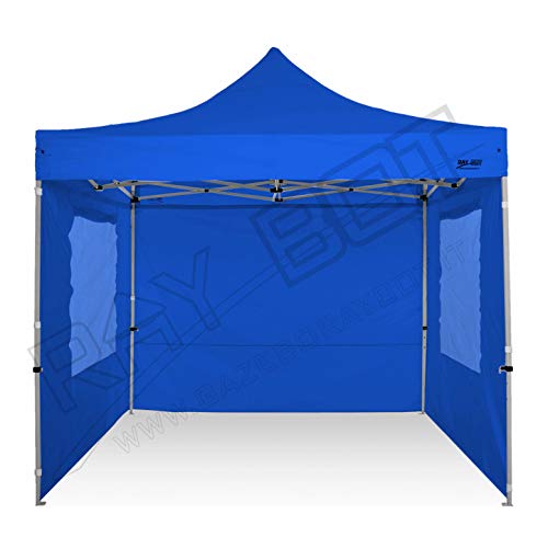 RAY BOT. Carpa plegable rápida tamaño 3 x 3 modelo acero 30 mm resistente Tejidos de PVC a 350 g metro impermeable Cenador plegable (telas con ventana incluidas, azul)
