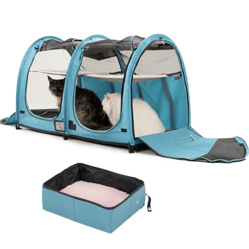 Mispace Portable Twin Compartment Show House Cat Cage/Condo - Easy to Fold & Carry Kennel - Comfy Puppy Home & Dog Travel Crate with Portable Carry Bag/Two Hammocks/Mats and Collapsible Litter Box