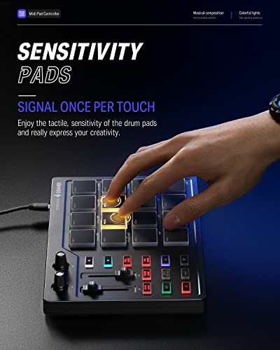 Donner MIDI Pad Controller Keyboard USB Typ-C, Professionelle Drum Pad Maschine Beat Maker mit 16 Pads, MIDI out, 2 zuweisbare Fader und Knöpfe (STARRYPAD MINI, Schwarz)