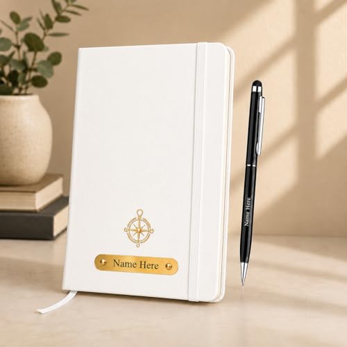 Image of Personalized A5 Leather Diary with Premium Pen | Custom Name Engraved Notebook Gift Set | 180 Pages Journal for Office, Students & Gifting | Elegant Business & Corporate Gift (White)
