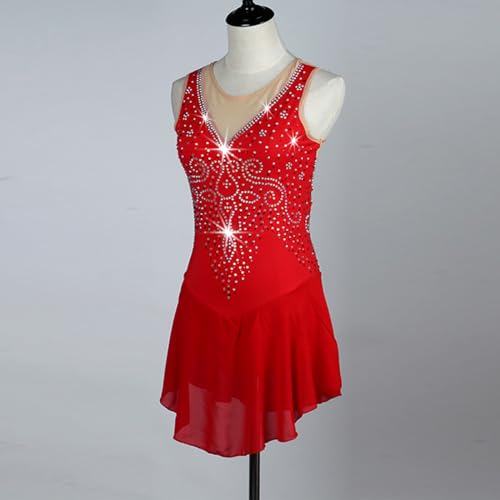 Vestido vermelho de patinação artística, saia de patinação no gelo de manga comprida para competição
