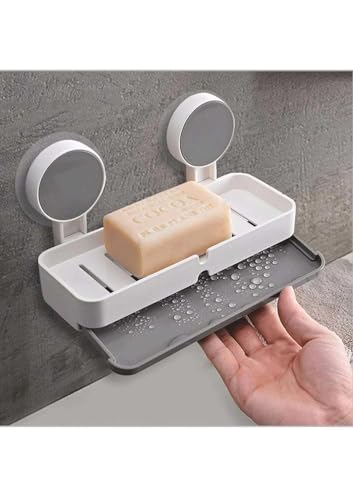 Image of Soap Holder for Bathroom - Non-Drill Wall Mount Magic Sticker Self Adhesive Soap Stand for Bathroom with Removable Drain Tray (1, Double Soap Dish Holder PP)