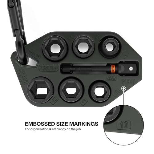 Image of Klein Tools 33808M Grab-And-Go Impact Socket Set, Metric, 7-Piece Set with Sleeve, Carabiner, 3 /8-Inch Drive, Color-Coded 8 mm, 10 mm, 12 mm, 13 mm, 14 mm, 15 mm Sockets
